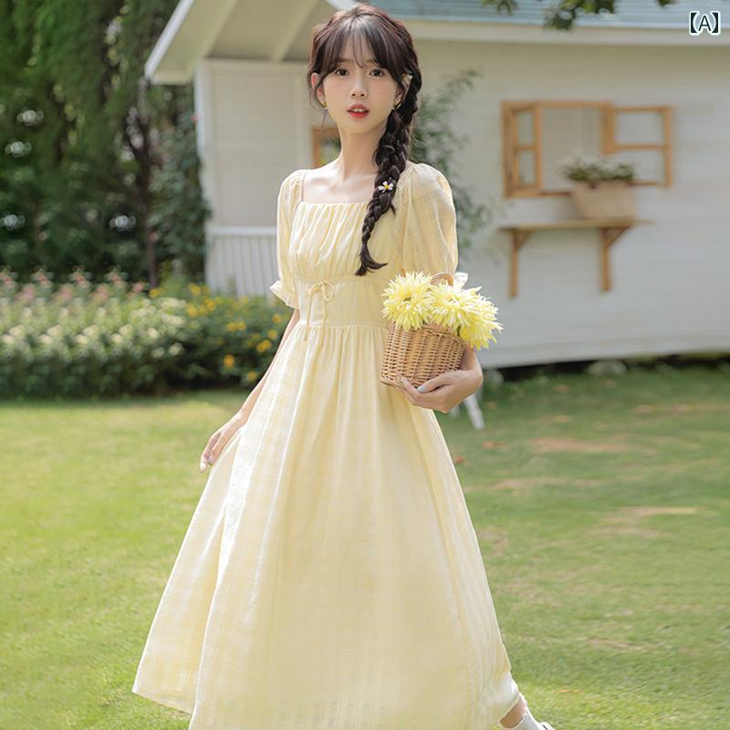 レディース 夏 ワンピース フランス ティーブレイク 美しい ミルク フフ 黄色 ドレス 女性 フェアリー スカート スーパー