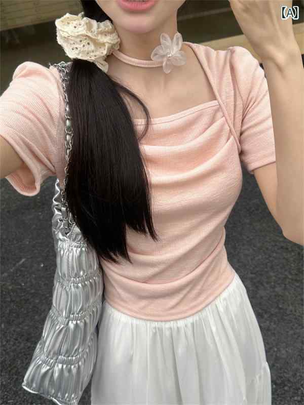 レディース 夏 カジュアル トップス T シャツ 普段使い ピンク スリム スクエアネック 半袖 女性 サマー 綿 おしゃれ 露出 鎖骨 不規則