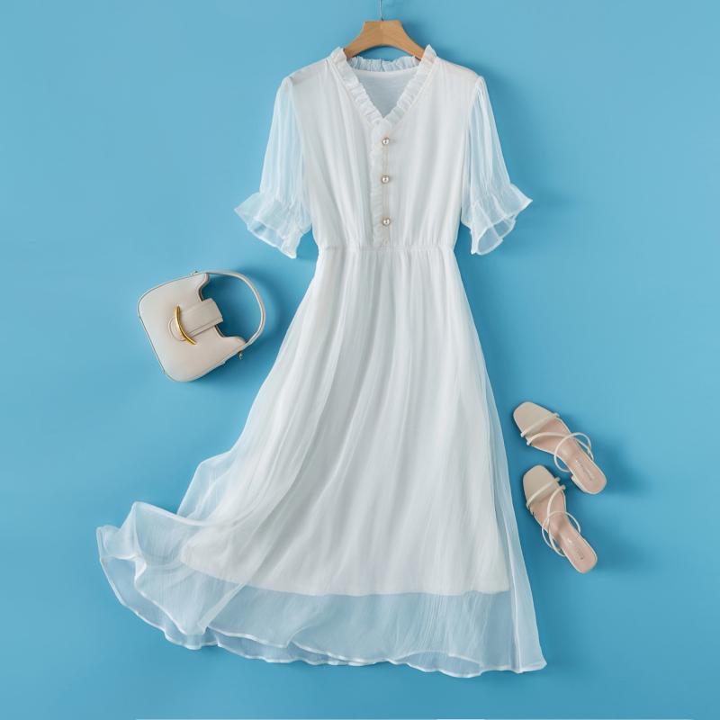 レディース 夏 サマー ワンピース きれいめ 上品 婦人服 マザーズ 白い ドレス フェアリー スカート フレンチ V ネック ウエスト スリム ミドル丈