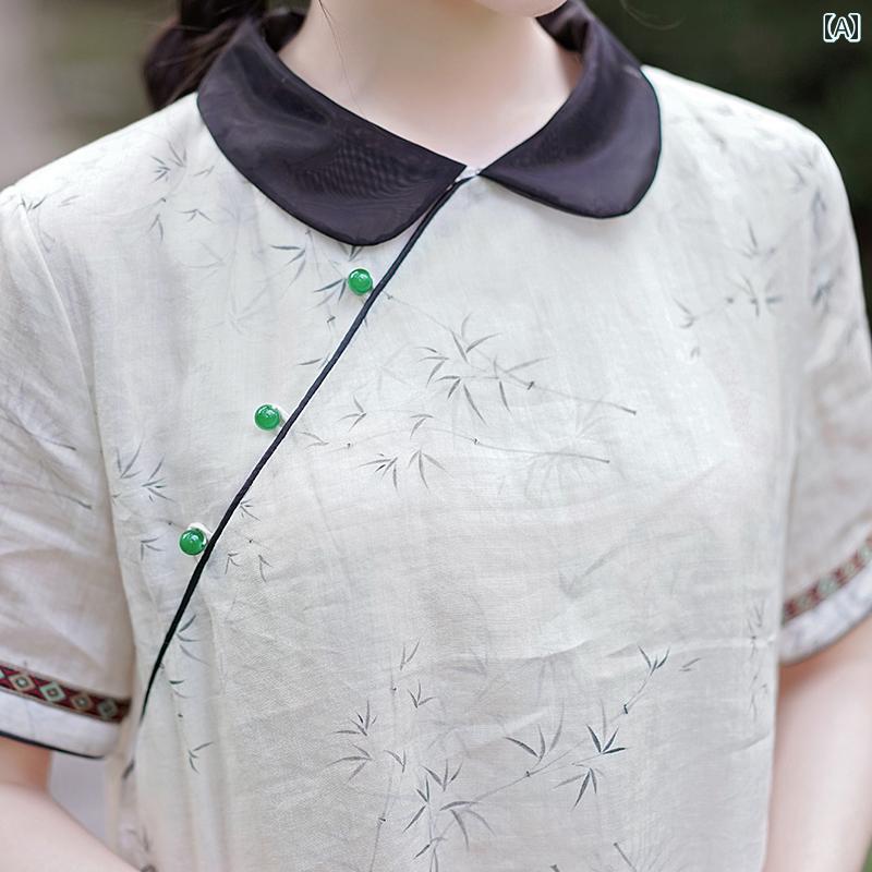 夏 チャイナ ドレス ワンピース 民族風 若い ラミー 小さい 文学 中華風 女性 瞑想 茶