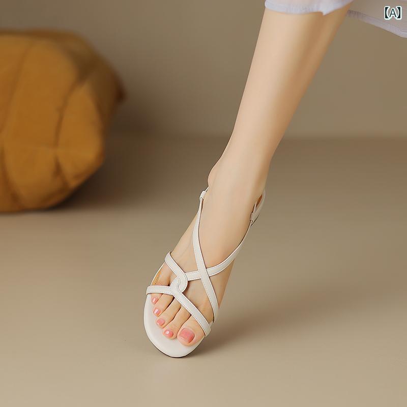 レディース サンダル フレンチ クロス ストラップ 女性 ワンワード バックル 厚手 ヒール 革 オープントゥ レッド ローマン シューズ