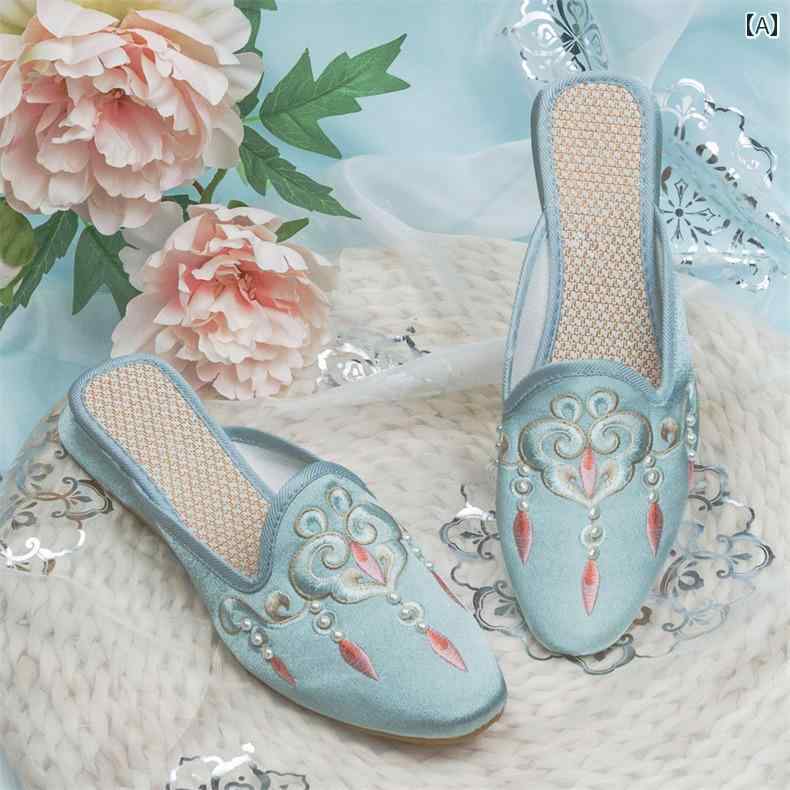 レディース 夏 ミュール サンダル エスニック サテン 刺繍入り 女性用 ポインテッドトゥ ソフト ソール レトロ 漢服 靴 包頭 着用 チャイナ 布靴