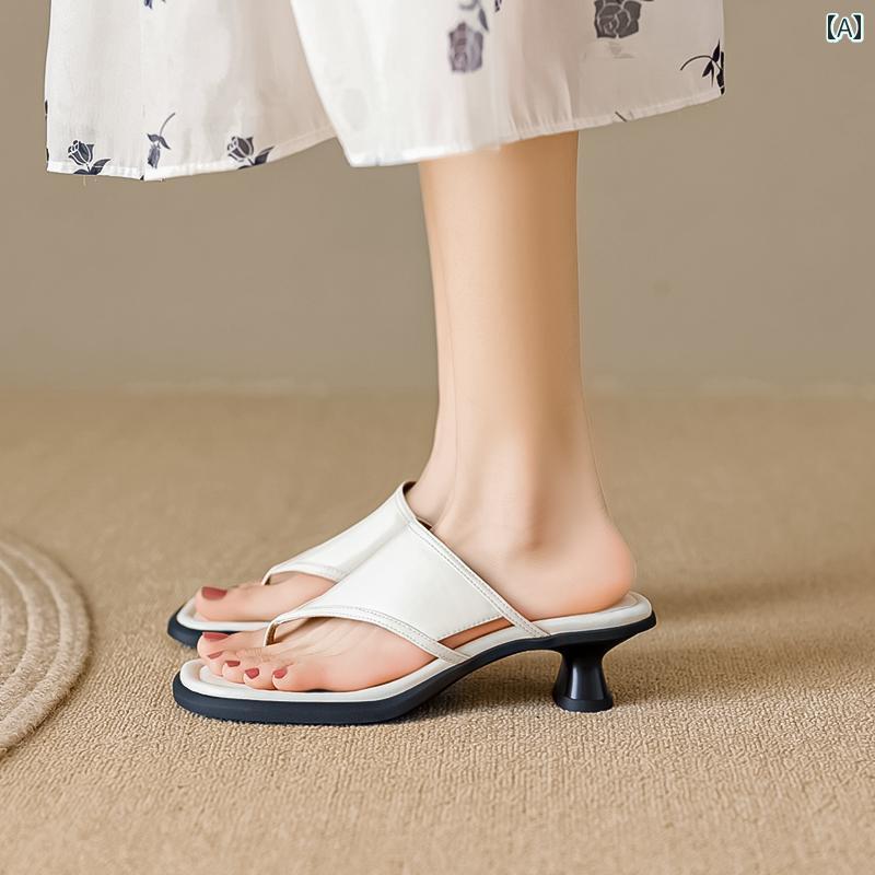 レディース 夏 ミュール ビーチ サンダル おしゃれ スクエアトゥ 革 シンプル キャット ヒール ハーフ ドラッグ 感 ミッド クリップ トゥ