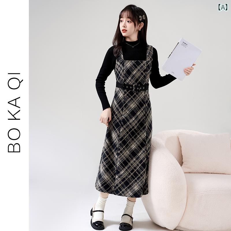 ワンピース きれいめ ガーリー 大人かわいい 春秋 レトロ チェック柄 起毛 サスペンダー ドレス 女性 ミドル丈 スカート
