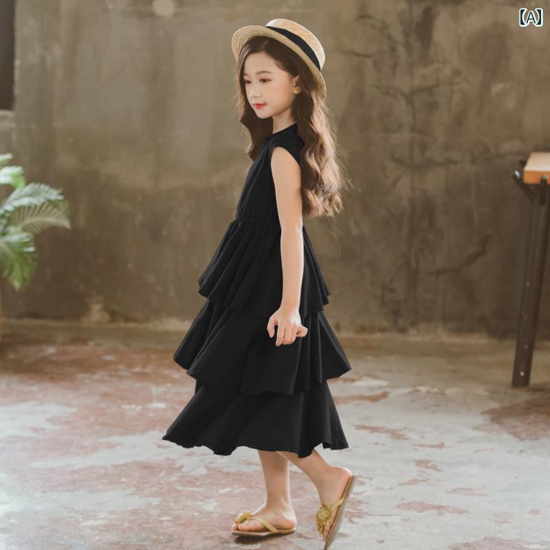ワンピース かわいい 女の子 ガールズ ドレス 綿麻 黒 プリンセス 膝丈 小中学生 子供用 ケーキ スカート 4,638円
