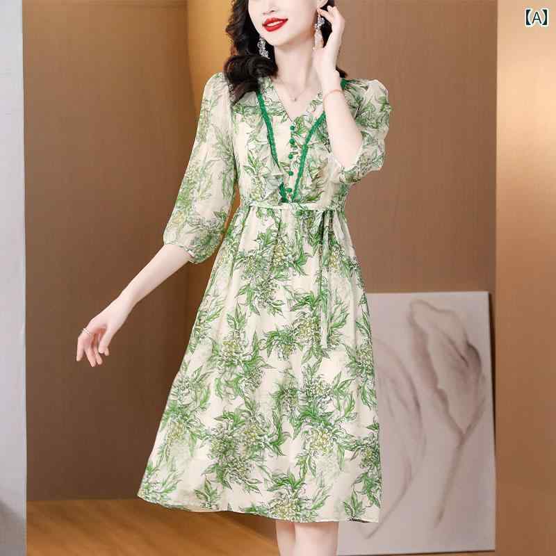 レディース 夏 ワンピース きれいめ 上品 マザーズ ミセス 婦人服 高級感 ドレス V ネック ウエスト ミドル丈 ビッグ ネーム プリント｜セキュアデポ