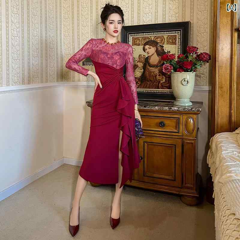 レディース ワンピース おしゃれ フレンチ フリルドレス 春 婦人服 レース スプライシング 祝賀 シャツ ヒップ カバー スカート