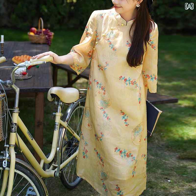 夏 チャイナ ドレス ワンピース 文学 レトロ 民族風 苧 麻 中華風 女性 茶 アーティスト 服