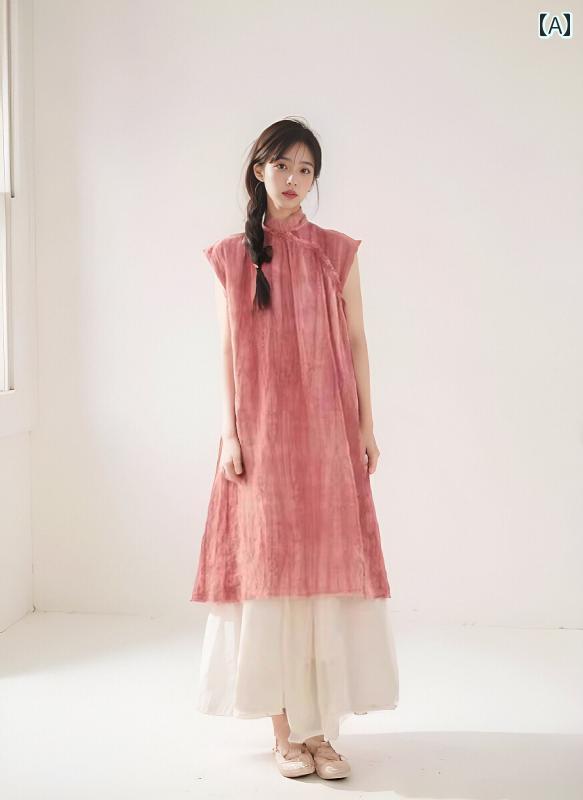 レディース ファッション 大人 かわいい 中華風 ライト ドレス ツーピース サマー ベスト シフォン 絞り染め ピンク スカート 仏教 瞑想 婦人服
