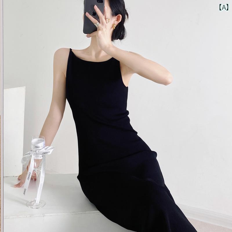 レディース 夏 ワンピース クラインブルー ハイエンド フレンチ サスペンダー ドレス 冷感 ニット 膝丈 スカート｜セキュアデポ