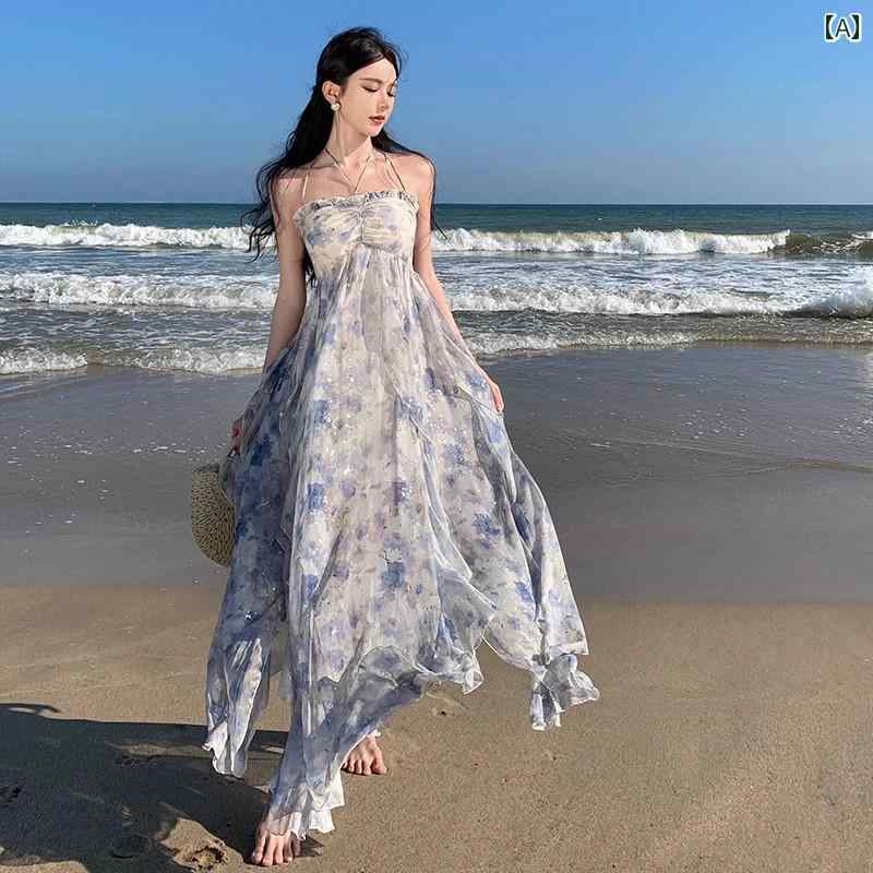 レディース リゾート ワンピース 花 染め フェアリー シフォン ホルターネック 花柄 ドレス ハイエンド 背中 開いた 海辺 休暇 ロング