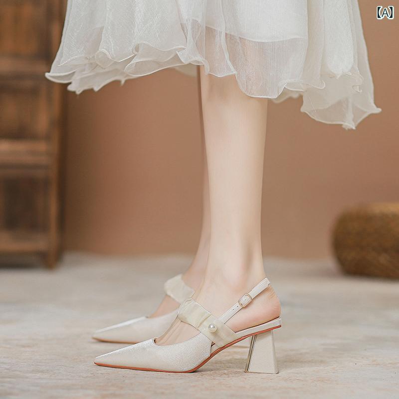 レディース 夏 革 フレンチ ハイヒール 妖精 包頭 サンダル 薄っぺら口 ポインテッドトゥ 朦々たる 踵 靴