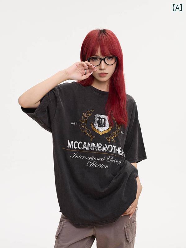 レディース メンズ カジュアル T シャツ ストリート おしゃれ アメリカン レトロ ウォッシュ 加工 レター プリント 半袖 トップス