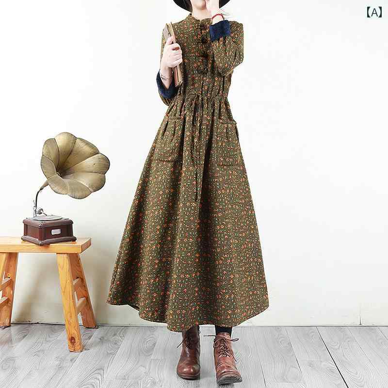 レディース ワンピース 上品 きちっ感 女性用 エスニック 文学的 コットンリネン ベルベット ドレス ウエスト 締める 花柄 ロング スカート 厚手 レトロ a ライン