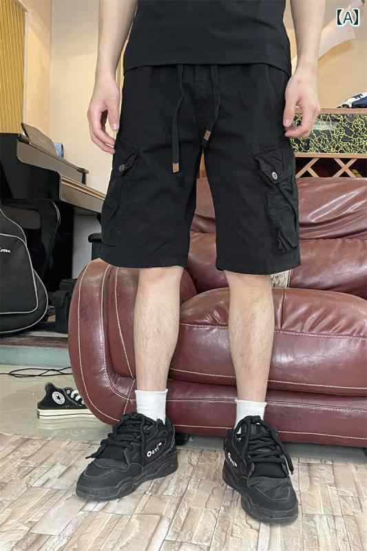 メンズ 夏 パンツ ハーフ 半ズボン サマー 薄手 ストレート カーゴ ショーツ ファッション 五分丈 弾性 ウエスト 黒