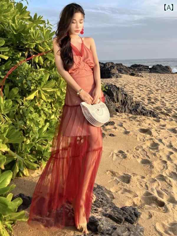 レディース 夏 リゾート ワンピース レトロ 中華風 メッシュ ホルター ドレス 背中 開いた 海辺 旅行 衣装 写真 ビーチ スカート