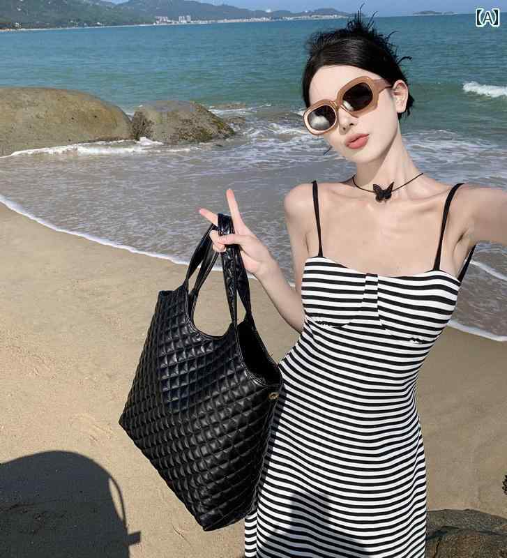 レディース 夏 リゾート ワンピース 海辺 休暇 ストライプ 背中 開いた サスペンダー ドレス 女性 フレンチ スタイリッシュ ガール 魅惑的 ロング