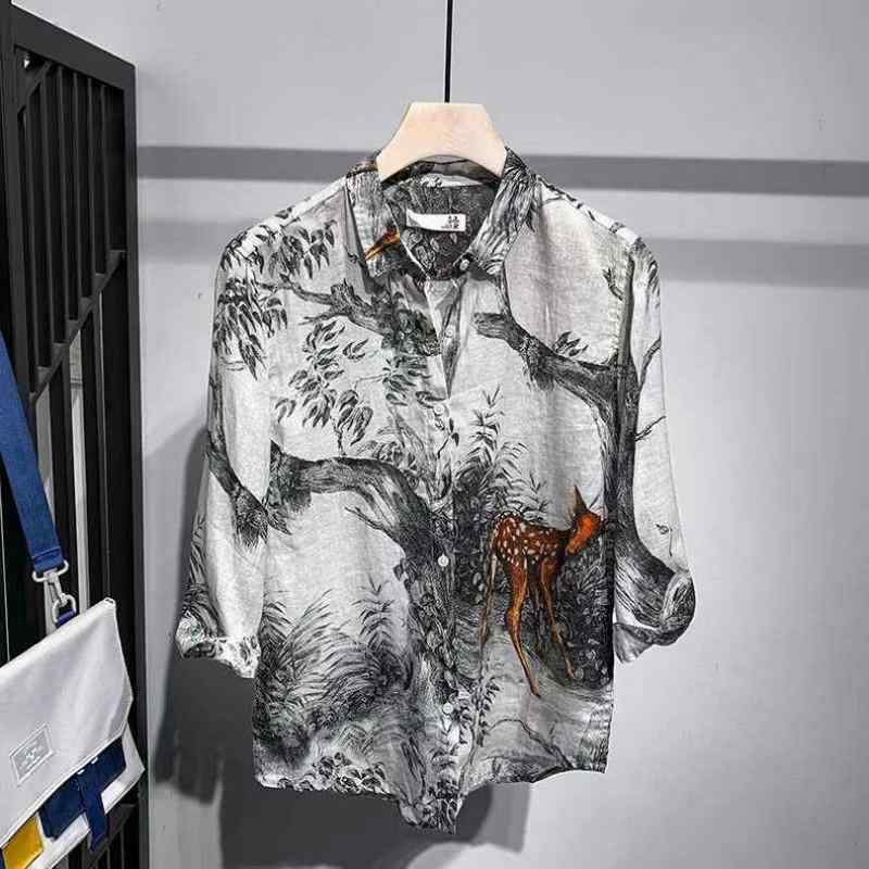 メンズ 夏 カジュアル トップス シャツ サマー レトロ オール オーバー プリント 七分袖 男性用 ファッション