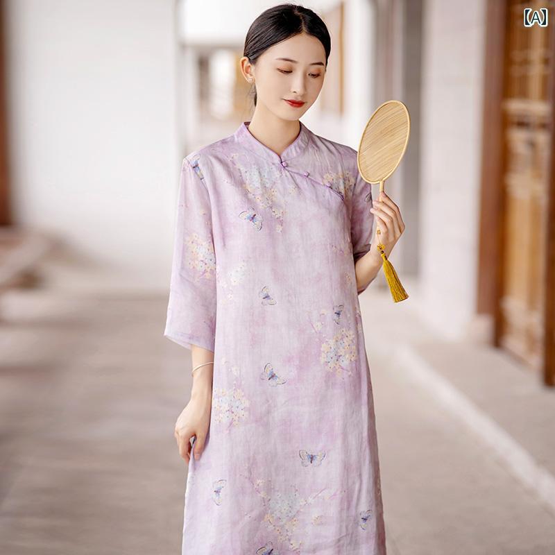 レディース 夏 チャイニーズ スタイル ワンピース おしゃれ 上品 婦人服 デイリー プリント チャイナ ドレス レトロ スラント ラミー ミドル丈 中華風 瞑想 茶