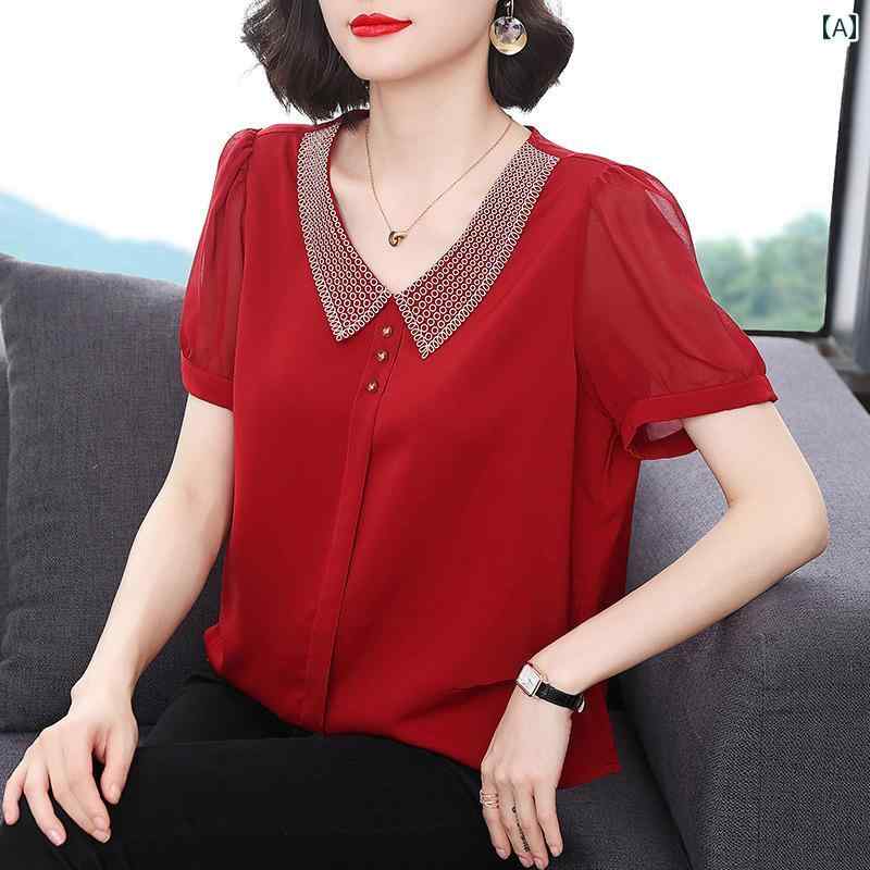 レディース 夏 トップス マザーズ 婦人服 普段使い ゆったり 大きいサイズ シフォンシャツ サマー ドール カラー 女性 服 半袖 T シャツ