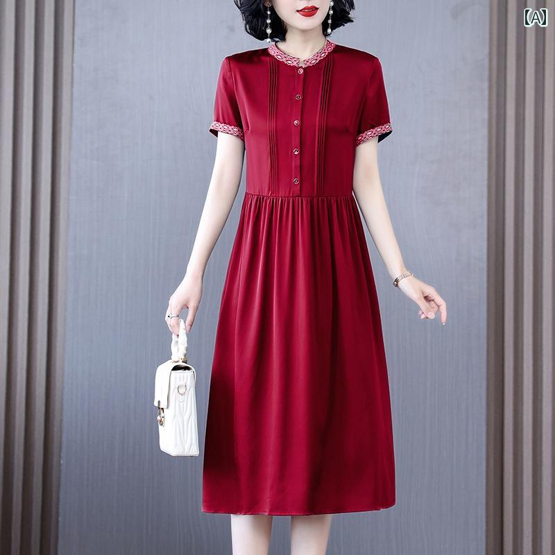 レディース 夏 ワンピース きれいめ 上品 マザーズ ミセス 婦人服 ミドル丈 半袖 ウエスト ハイエンド レトロ ビッグ ネーム ヘビー ドレス 女性