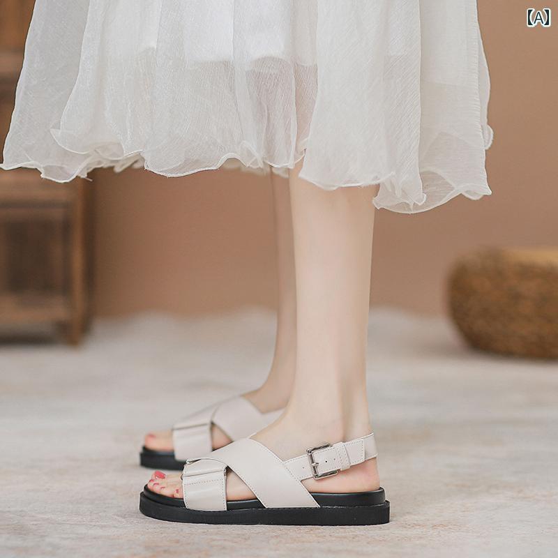レディース 夏 サンダル 格好のいい 革 妖精 流行り物 坦々たる 厚底 砂浜 人情本 シューズ