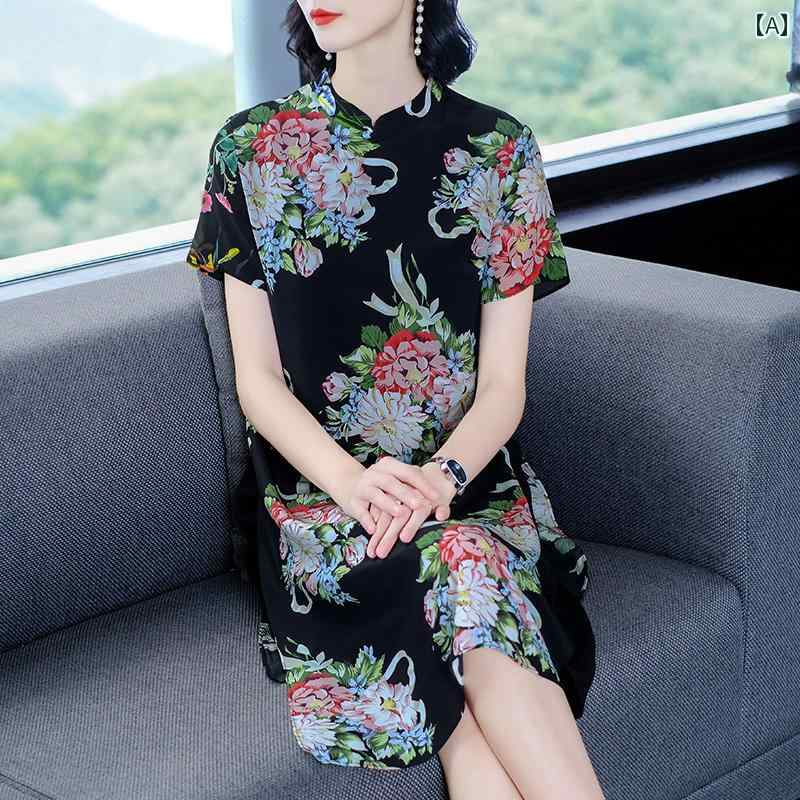 レディース ワンピース きれいめ 上品 お母さん お呼ばれ 普段使い ドレス 婦人服 秋 桑 レトロ ヤング スタイル チャイナ 中華風