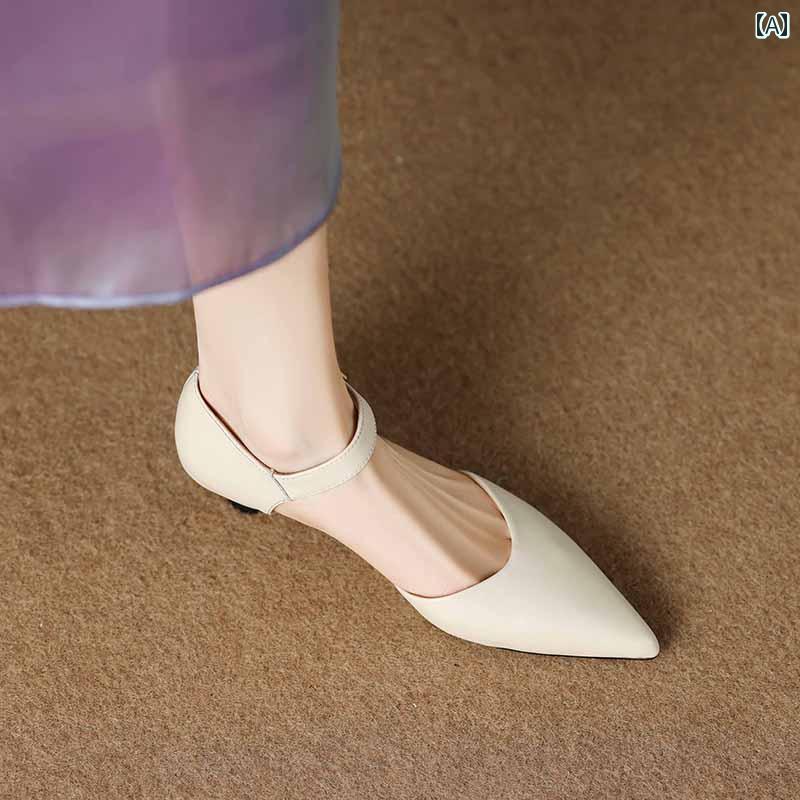 レディース 夏 ミュール パーティー おしゃれ フレンチスタイル 包頭 キャット ヒール レザー バックル サンダル ポインテッドトゥ エレガント シンプル 靴