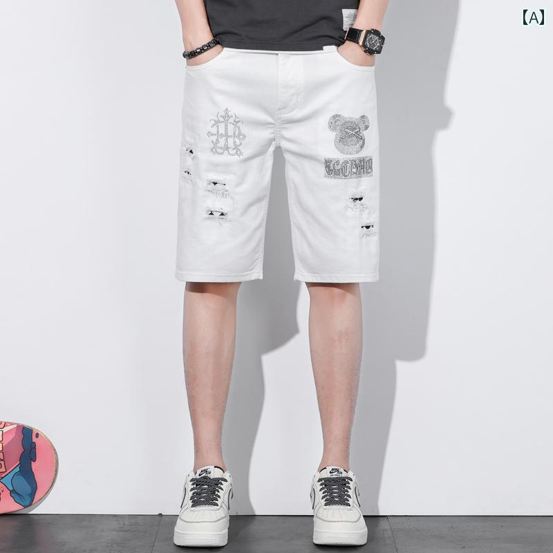 夏 カジュアル パンツ デニム ハーフ ひざ丈 男性用 サマー ショート ホワイト ホット クォーター スリム ミディアム 破れた 伸縮性 薄手