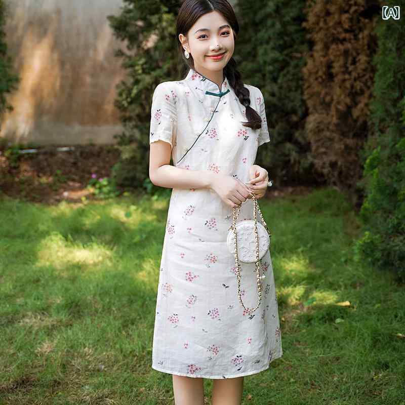 夏 チャイナ ドレス ワンピース 若い レトロ 民族風 文学 ラミー 中華風 女性 プレート バック ルティー