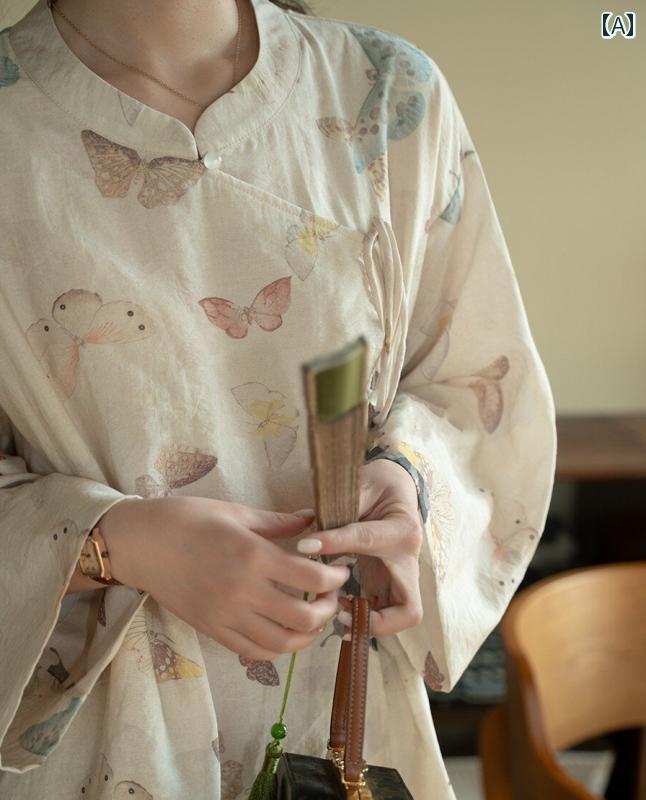 レディース カジュアル 夏 トップス シャツ 普段着 サマーウェア 中華風 蝶 プリント 女性 レトロ スタンドカラー 綿 リネン
