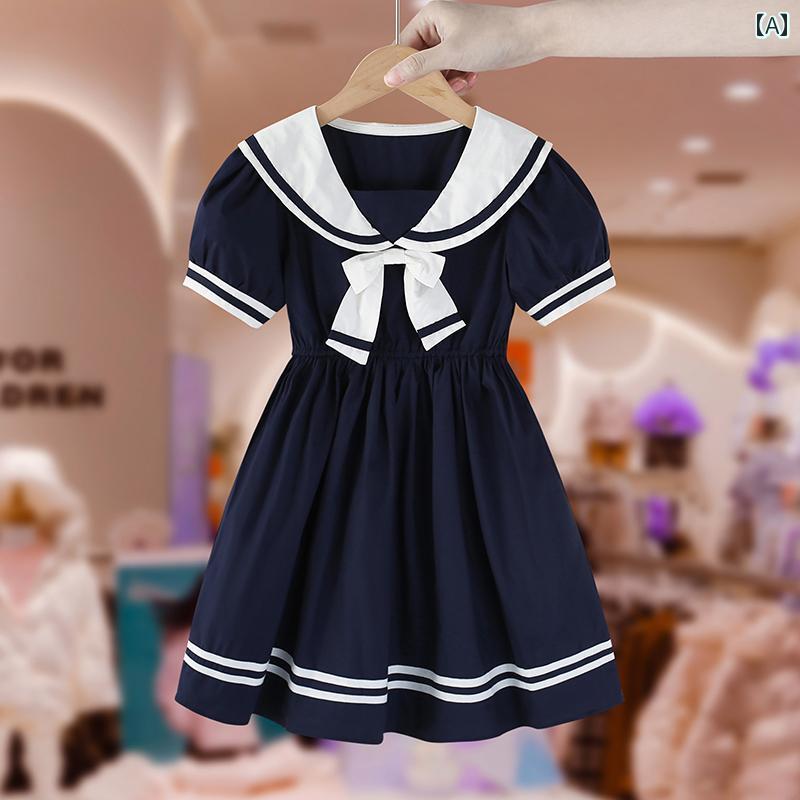 夏 キッズ ワンピース ガールズ カレッジ ドレス 子供服 西洋 小さい ネイビーカラー スカート 薄手