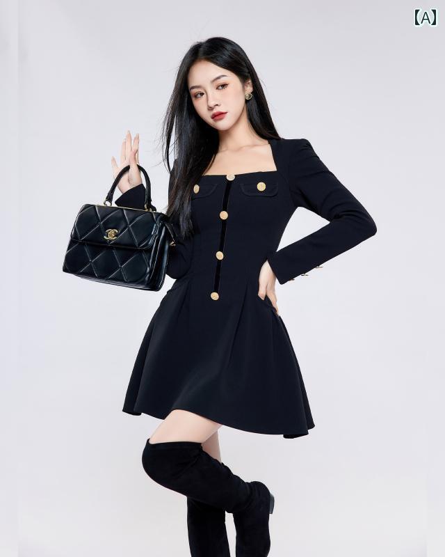 レディース 長袖 ドレス 女性 フレンチ ワンピース 秋 ショート スカート レトロ スリム a ライン