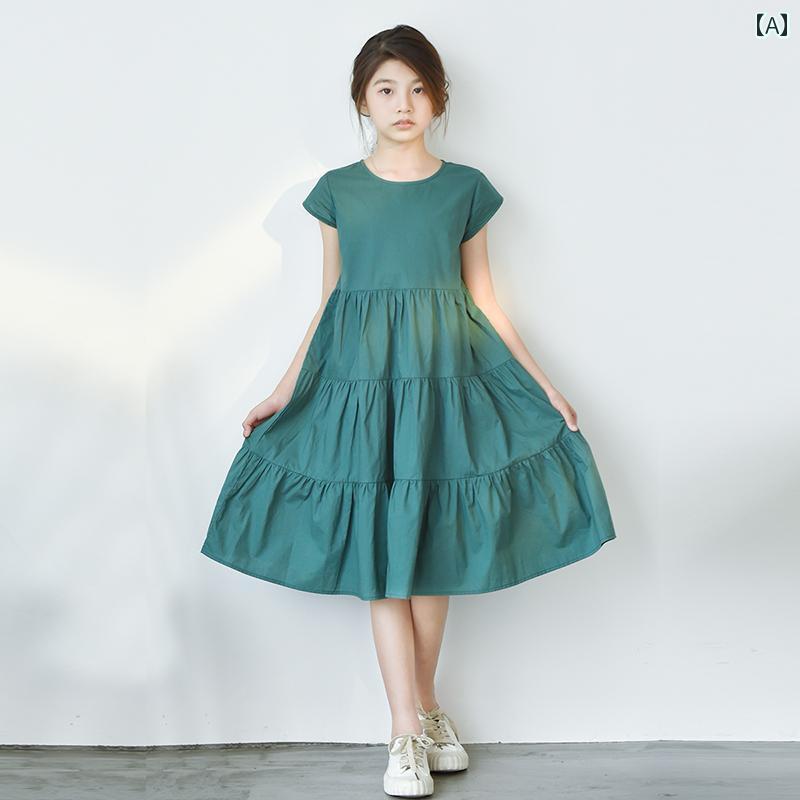 キッズ ファッション ガールズ 洋風 サマー ドレス 中 大型 子供 半袖 韓国 膝上 プリーツ ロング スカート 4,995円
