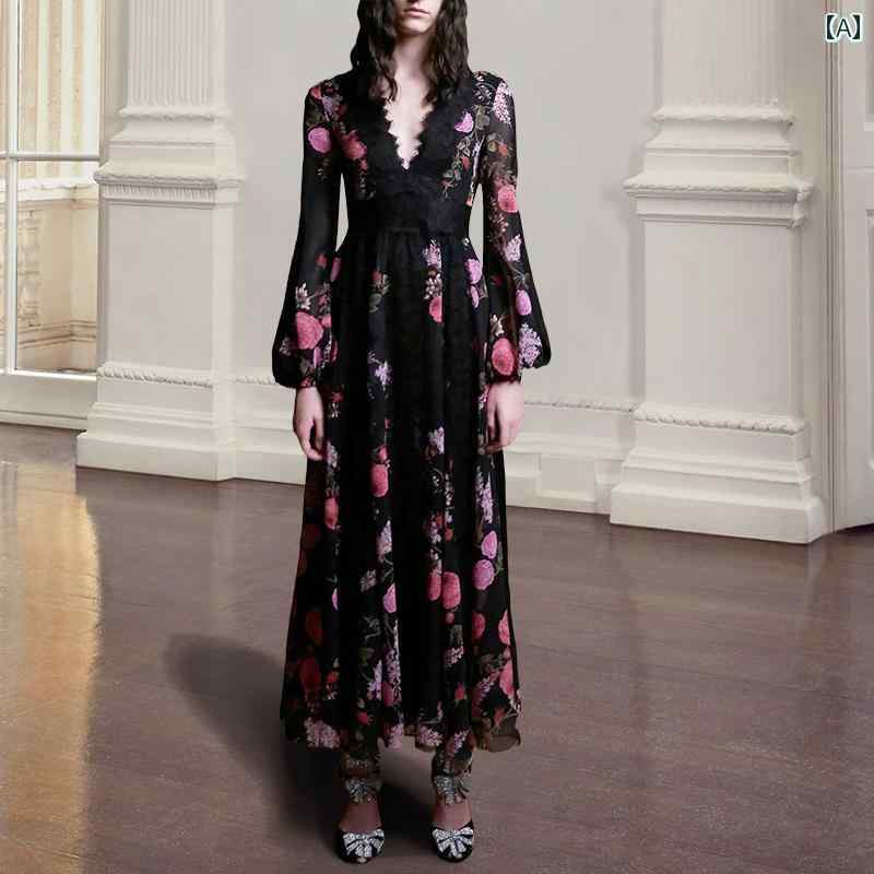 レディース ワンピース かわいい フラワー フランス 花柄 ドレス V ネック 黒 レース ロング スカート 長袖 プリント 春 婦人服