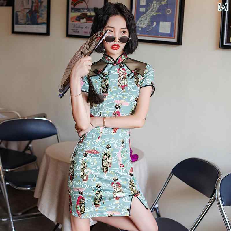 チャイナ ドレス レトロ ワンピース パフォーマンス 撮影 衣装 少女 小さい 中華風 モダン ショート