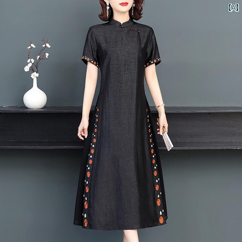 レディース 夏 ワンピース きれいめ 上品 マザーズ ミセス 婦人服 チャイナ ドレス 女性 ハイエンド 桑 刺繍 ロング スカート｜セキュアデポ