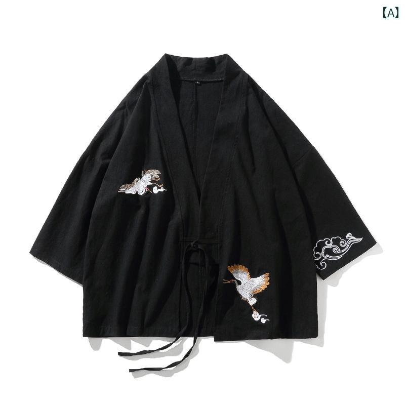 メンズ サマーカーディガン 韓服 中華風 リネン 着物 大きいサイズ 和風 七分袖 道教 ローブ