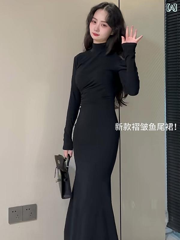 レディース ワンピース 魅惑的 ハーフ ハイネック 長袖 ドレス 冬 ウエスト スリム インナー フィッシュ テール ロング スカート