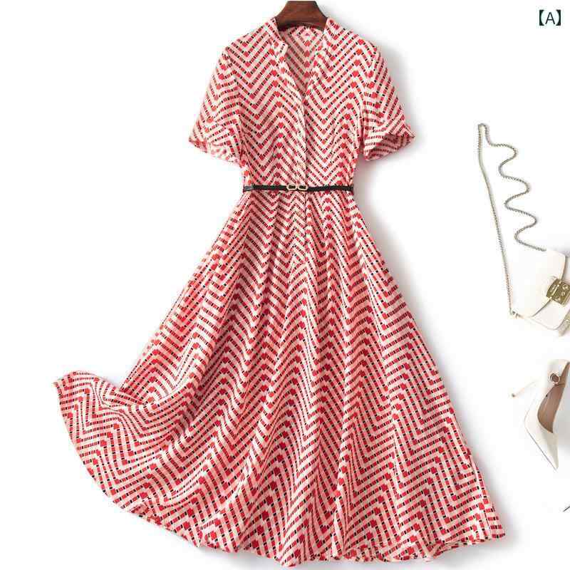 レディース 夏 サマー ワンピース きれいめ 上品 婦人服 マザーズ 女性 ハイエンド サテンドレス 幾何学的 プリント フレンチ ロング スカート 若々しい スリム