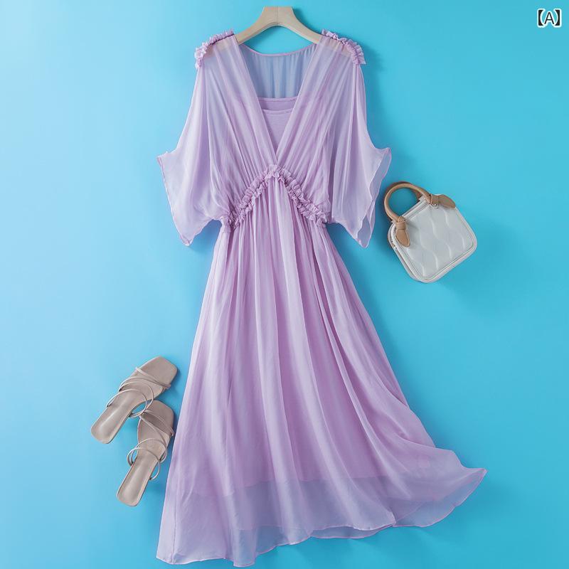 レディース 夏 サマー ワンピース きれいめ 上品 婦人服 マザーズ ハイエンド シンプル V ネック 海辺 休暇 ドレス