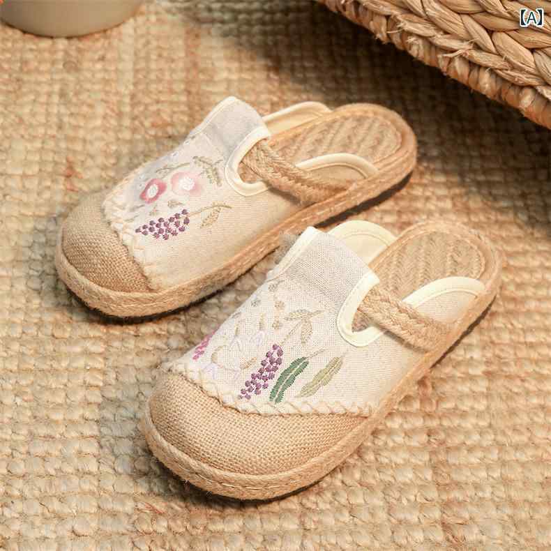 レディース 夏 エスパドーリュ かかとなし スリッポン ミュール おしゃれ ぺたんこ 歩きやすい 婦人靴 春 リネン 通気性 古風 布靴 エスニック つま先 スリッパ 厚底 漢服 刺繍 女性 サンダル