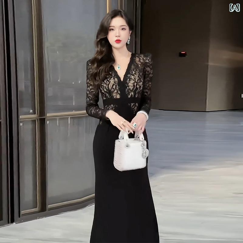 レディース 長袖 ドレス ライト 成熟 黒 レース ワンピース 女性 春秋 ハイエンド 精巧 スカート|セキュアデポ