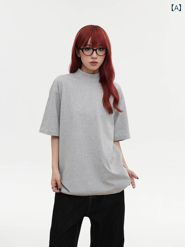 レディース メンズ カジュアル 夏 T シャツ ストリート おしゃれ アメリカン レトロ ハイエンド ソリッドカラー ボトム 半袖 タートルネック トップス