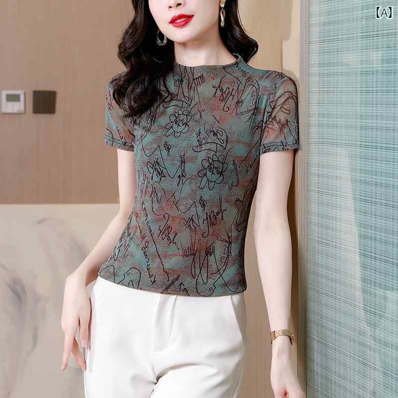 レディース 夏 カジュアル T シャツ 半袖 マザーズ 婦人服 おしゃれ 普段使い メッシュ ｔ 女性 スリムフィット ハーフ タートルネック レイヤリング 薄手 トップス