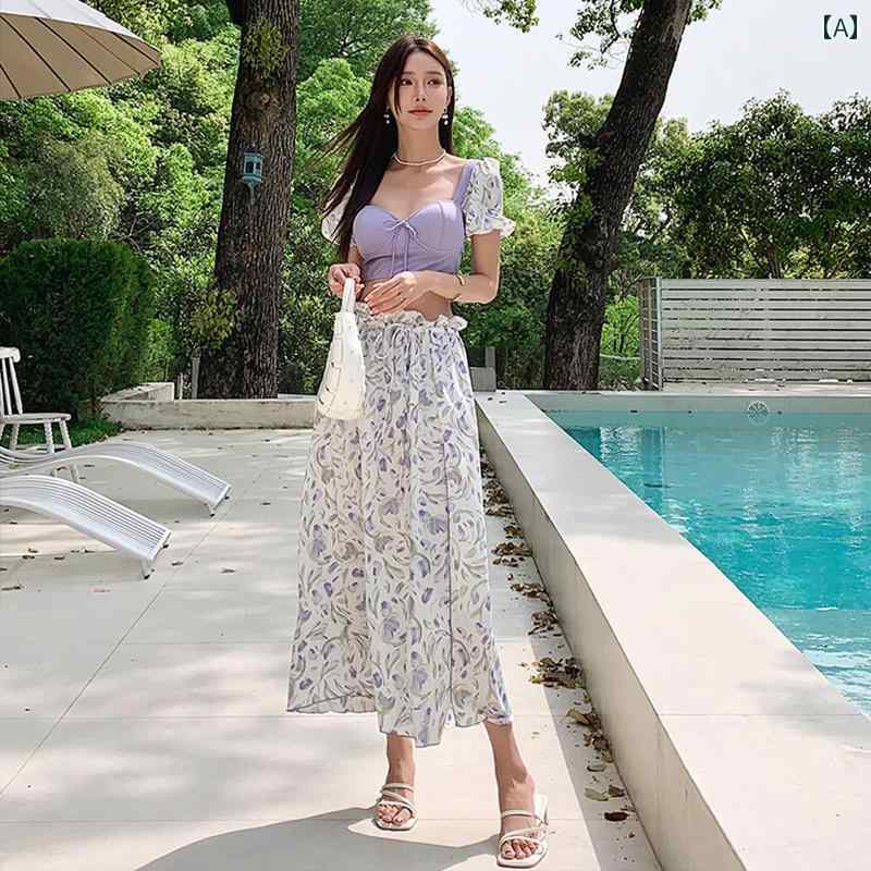 カップル 水着 ペアルック 新婚 旅行 ハネムーン ビーチ リゾート お揃い リンクコーデ 女性用 五分袖 分割 セクシー 情 フェアリー ロング スカート 風 太もも 体型カバー 高級感｜セキュアデポ