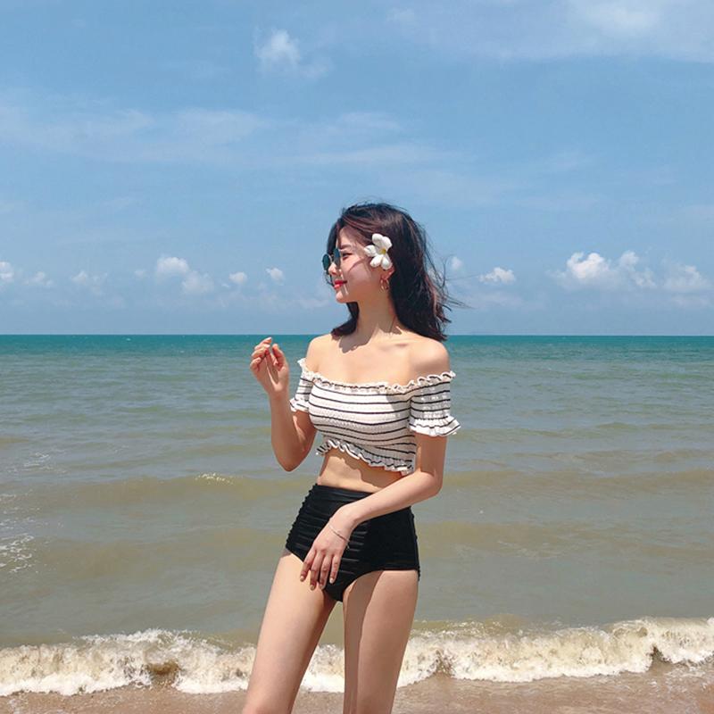 レディース 夏 ビキニ 水着 ビーチ プール おしゃれ リゾート 旅行 サマー レジャー 海水浴 大人 学生 女性 韓国 セパレート ハイウエスト お腹 カバー スリム 見せ スタイル プリーツ 黒白 ストライプ スパ