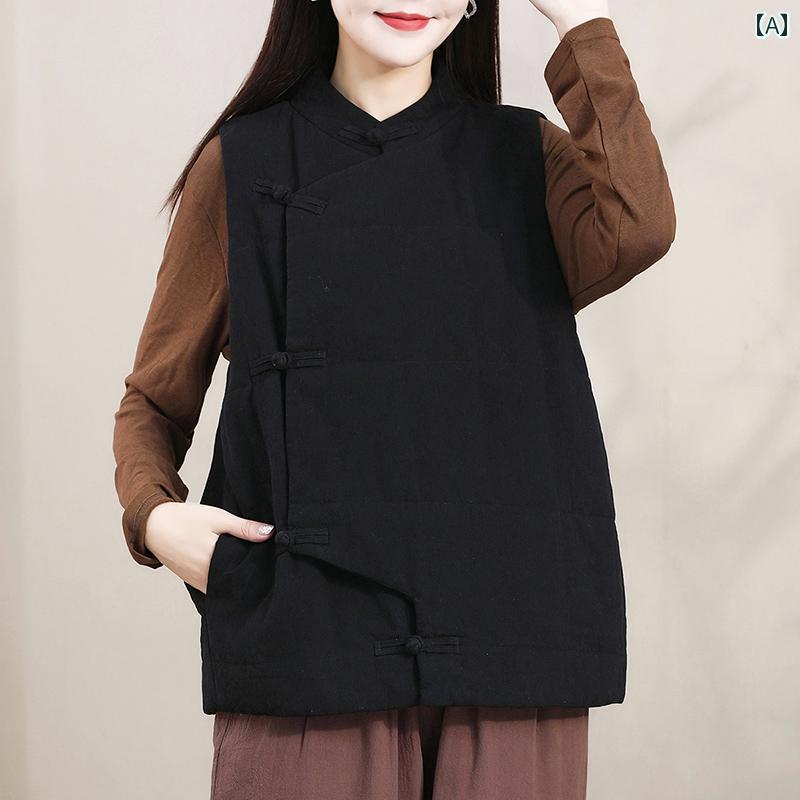 レディース 厚手 リネン ベスト 女性 冬 スタンドカラー エスニック チョッキ 手 ボタン 綿 レトロ ジャケット 7,046円