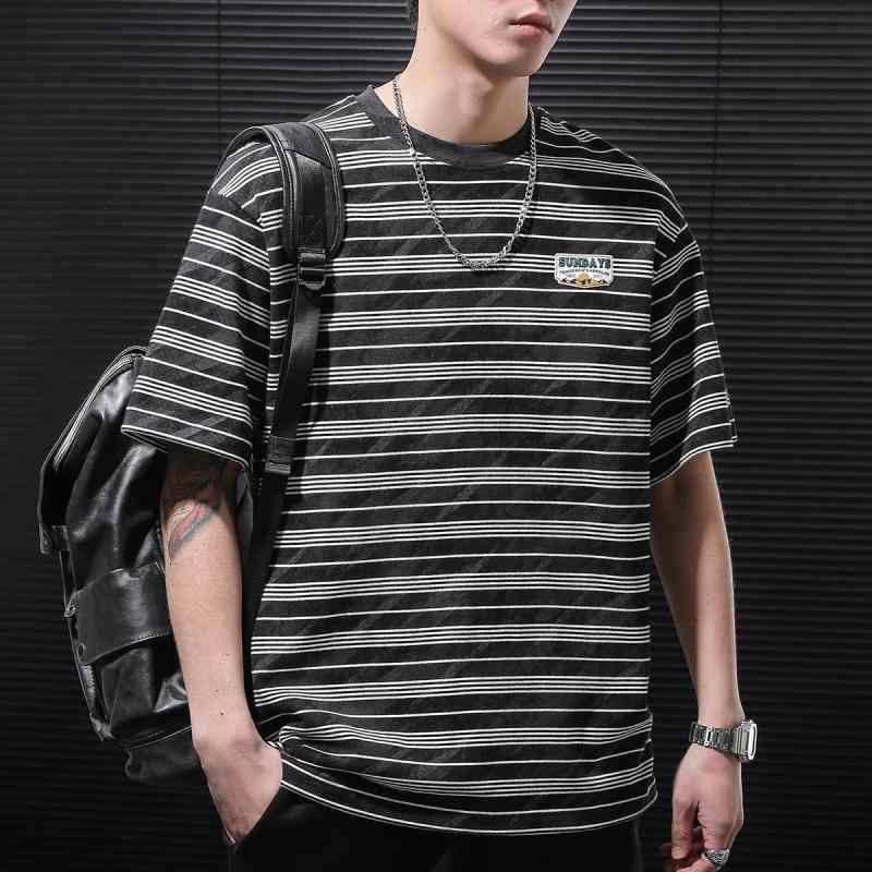 メンズ メンズ 半袖 Tシャツ カジュアル ストライプ 対照 綿 トップス ぽっちゃり メンズ ラウンドネック ゆったり