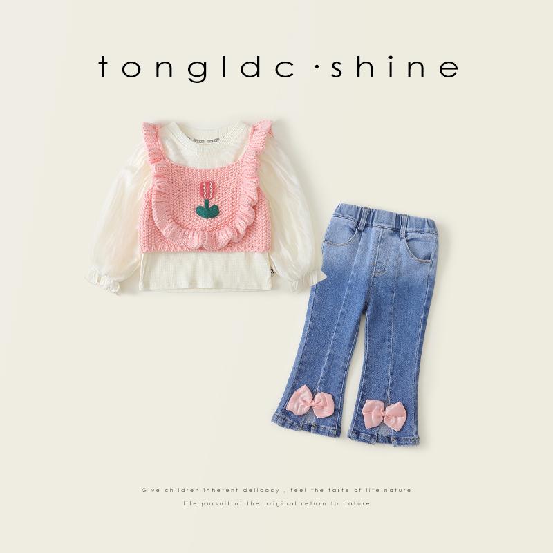 子供服 幼児 パンツ ズボン ボトムス おしゃれ ファッション ニットベスト シャツ セット 女の子 ジーンズ 春秋 トップス 韓国 女の子 カジュアル キッズ